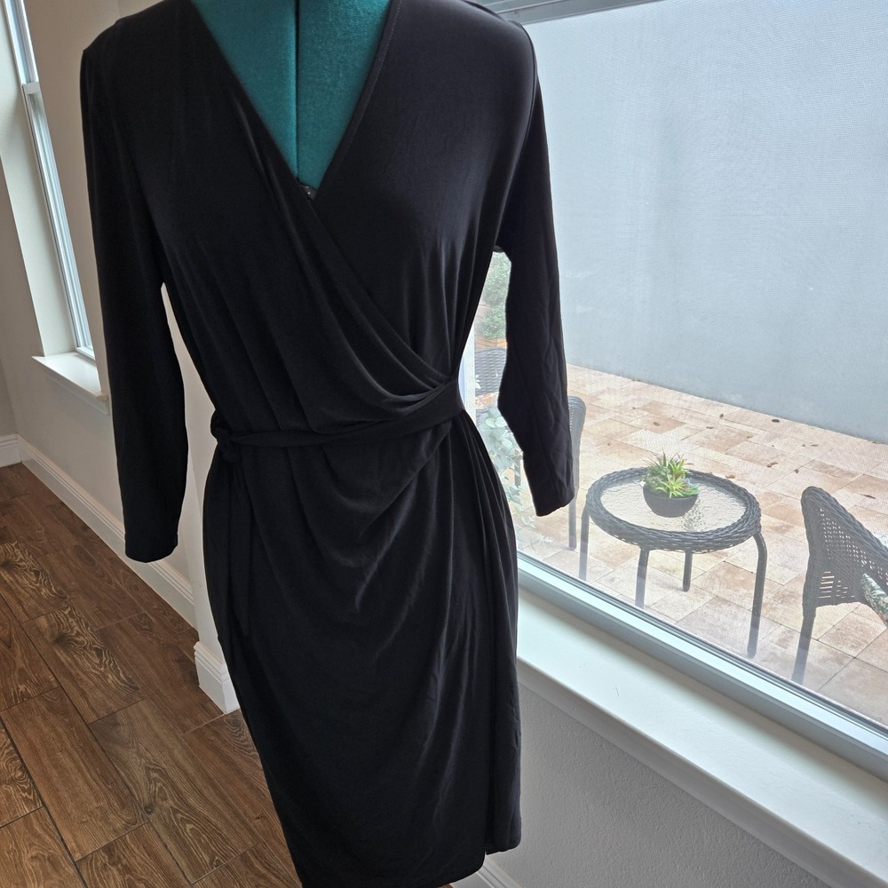 Anne Klein Womens Black Faux Wrap Dress Sz 12 Knee Length 3/4 sleeves